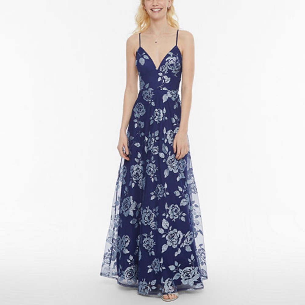 Glittery Navy Blue Long Evening Dress